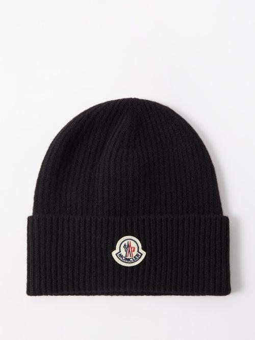 Moncler - Logo-patch Ribbed-knit Wool-blend Beanie - Mens - Black