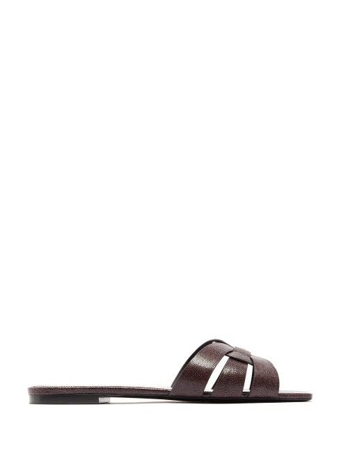 Matchesfashion.com Saint Laurent - Tribute Nu Pieds Pebble Grained Leather Slides - Womens - Burgundy