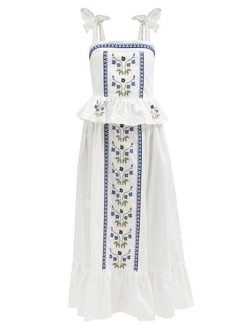 Lug Von Siga - Giselle Peplum-hem Floral-embroidered Cotton Dress - Womens - White Blue