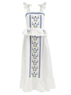Lug Von Siga - Giselle Peplum-hem Floral-embroidered Cotton Dress - Womens - White Blue
