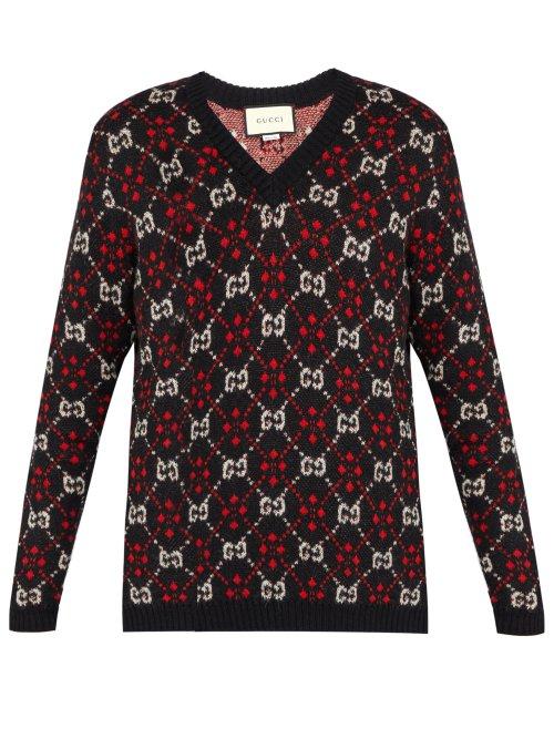 Matchesfashion.com Gucci - Gg Intarsia Knit Alpaca And Wool Blend Sweater - Mens - Black Red