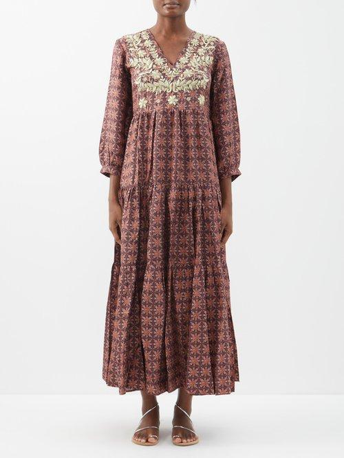 Muzungu Sisters - Frangipani Flower-embroidered Silk Midi Dress - Womens - Multi