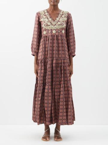 Muzungu Sisters - Frangipani Flower-embroidered Silk Midi Dress - Womens - Multi