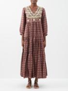 Muzungu Sisters - Frangipani Flower-embroidered Silk Midi Dress - Womens - Multi