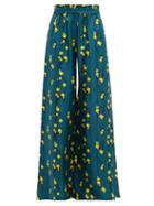 Matchesfashion.com La Doublej - Wide Leg Floral Print Silk Trousers - Womens - Green Print