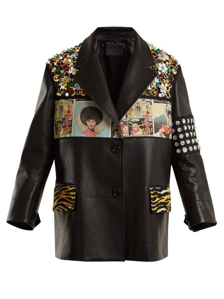 Prada Contrast-panel Embellished Leather Jacket