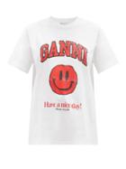 Matchesfashion.com Ganni - Smiling Face-print Organic-cotton T-shirt - Womens - White Print