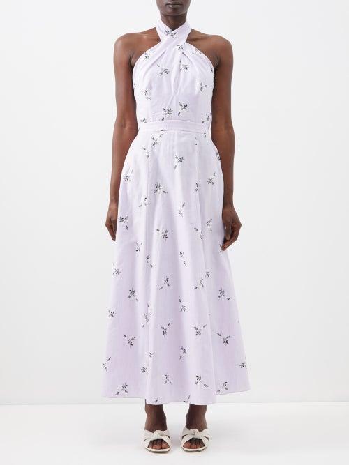 Erdem - Selene Halterneck Embroidered Cotton-blend Dress - Womens - Purple