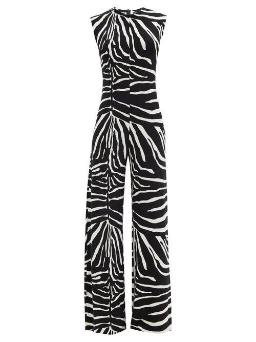 Matchesfashion.com Norma Kamali - Zebra-print Flared-leg Jersey Jumpsuit - Womens - Animal