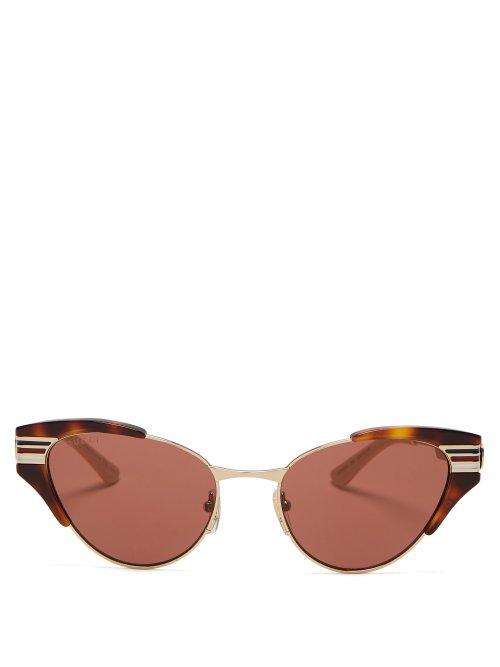 Matchesfashion.com Gucci - Triple Stripe Cat Eye Metal Sunglasses - Womens - Tortoiseshell