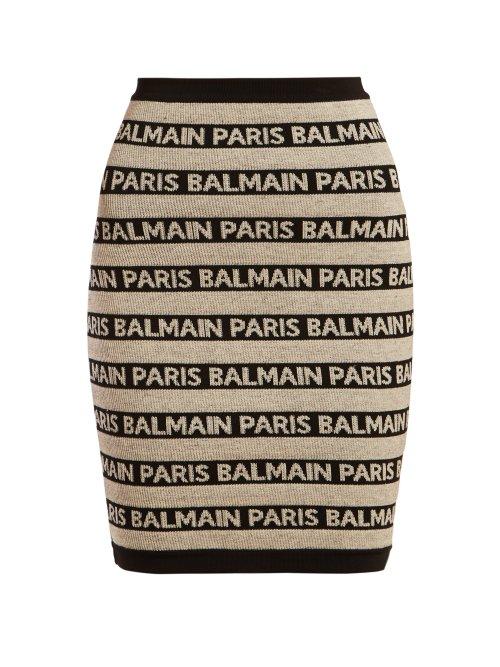 Matchesfashion.com Balmain - Logo Intarsia Knitted Mini Skirt - Womens - Black Beige