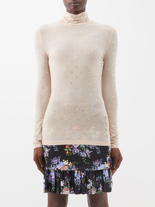 Paco Rabanne - Crystal-embellished Mesh Roll-neck Top - Womens - Nude