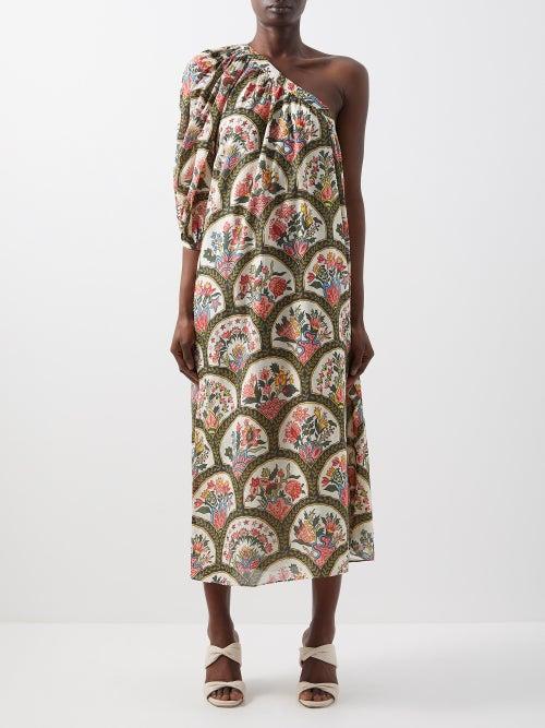 Rhode - Rebecca Mushroom-print One-shoulder Cotton Dress - Womens - Green Multi