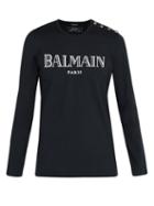 Matchesfashion.com Balmain - Button Shoulder Paris Logo T Shirt - Mens - Navy