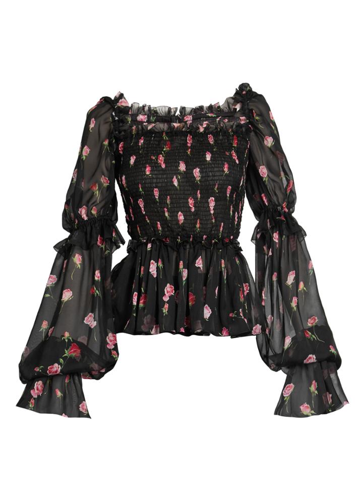 Dolce & Gabbana Rose-print Square-neck Chiffon Blouse