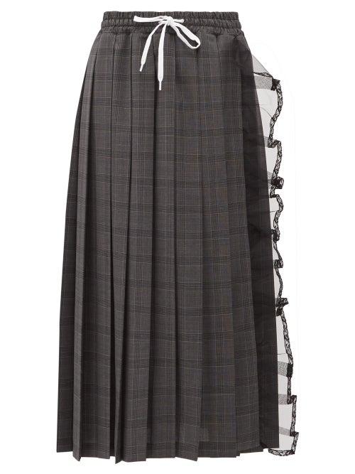 Matchesfashion.com Miu Miu - Tulle Trim Pleated Checked Wool Skirt - Womens - Dark Grey