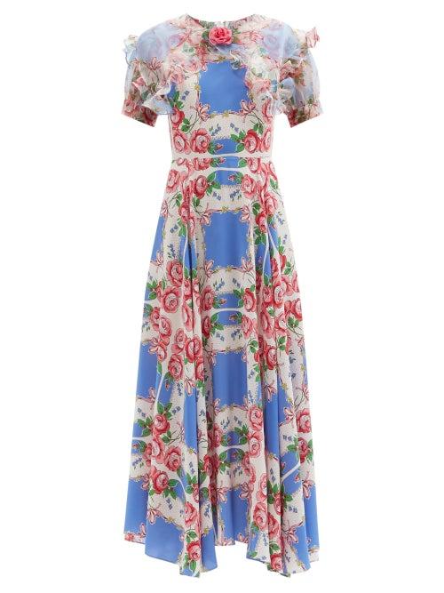 Ladies Rtw Rodarte - Organza-collar Floral-print Silk Dress - Womens - Pink Multi