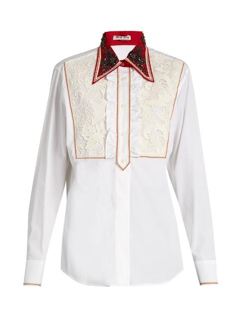 Miu Miu Guipure-lace Bib Cotton-poplin Shirt