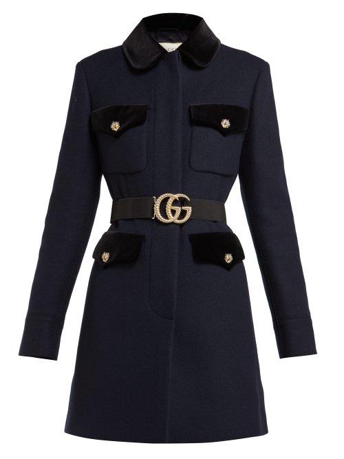 Matchesfashion.com Gucci - Velvet Trimmed Single Breasted Wool Coat - Womens - Navy Multi
