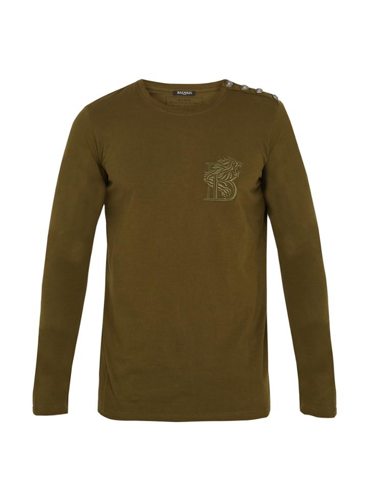 Balmain Lion-embroidered Long-sleeved Cotton T-shirt