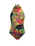 Matchesfashion.com La Doublej - Stromboli Elefante Print Halterneck Swimsuit - Womens - Black Multi