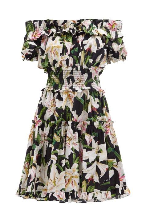 Matchesfashion.com Dolce & Gabbana - Ruffled Lily Print Cotton Poplin Bardot Dress - Womens - Black Print