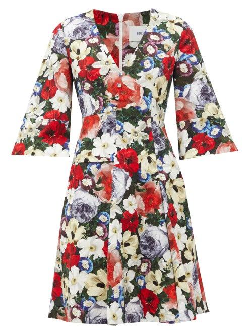 Matchesfashion.com Erdem - Yeva Poppy Collage-print Cotton-canvas Dress - Womens - Black Multi