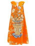Ladies Rtw Marta Ferri - Stresa Floral-print Linen-twill Trapeze Dress - Womens - Orange Print