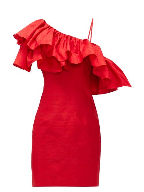 Matchesfashion.com Rasario - Ruffled One-shoulder Silk-shantung Mini Dress - Womens - Red