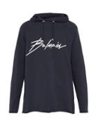 Matchesfashion.com Balmain - Logo Printed Cotton Hooded Sweatshirt - Mens - Navy