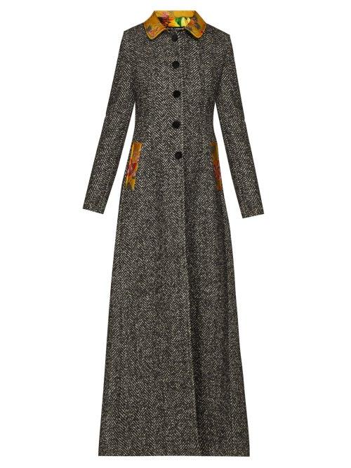 Matchesfashion.com Dolce & Gabbana - Brocade Trim Single Breasted Herringbone Coat - Womens - Grey Multi