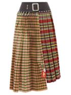 Matchesfashion.com Chopova Lowena - Tartan And Leather Recycled Wool Blend Skirt - Womens - Green Multi