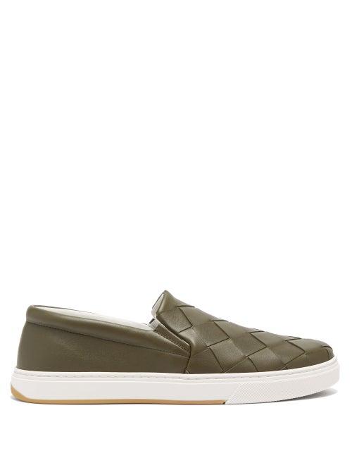 Matchesfashion.com Bottega Veneta - Intrecciato-weave Slip-on Leather Trainers - Mens - Khaki