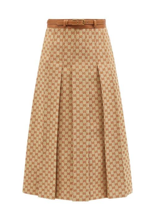 Ladies Rtw Gucci - Belted Pleated Gg-jacquard Linen Skirt - Womens - Beige