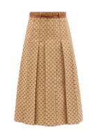 Ladies Rtw Gucci - Belted Pleated Gg-jacquard Linen Skirt - Womens - Beige