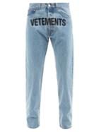 Vetements - Logo-print Straight-leg Jeans - Mens - Light Blue