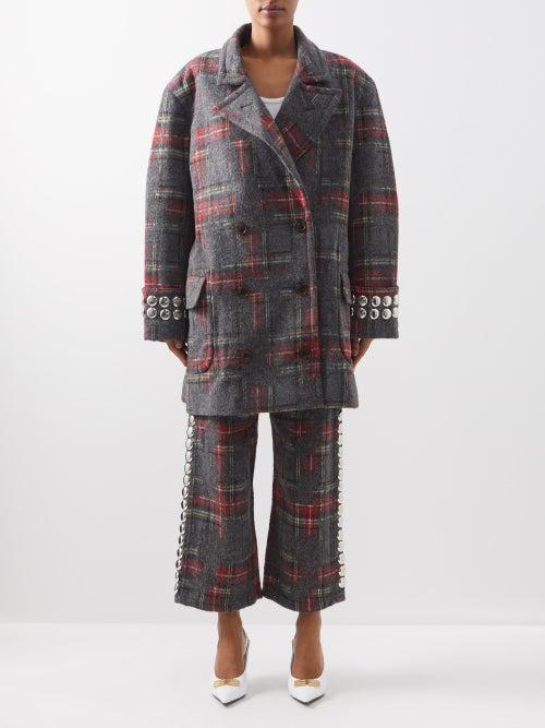 Vaquera - Oversized Stud-embellished Tartan Coat - Womens - Grey Red