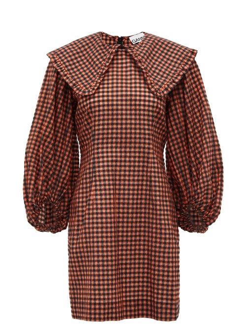 Matchesfashion.com Ganni - Sailor-collar Gingham-seersucker Dress - Womens - Black Red