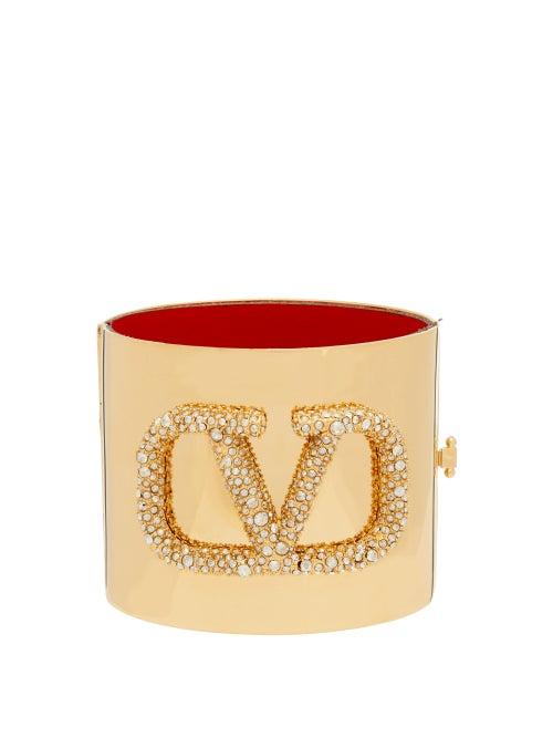 Matchesfashion.com Valentino - Crystal Embellished V Logo Cuff - Womens - Gold
