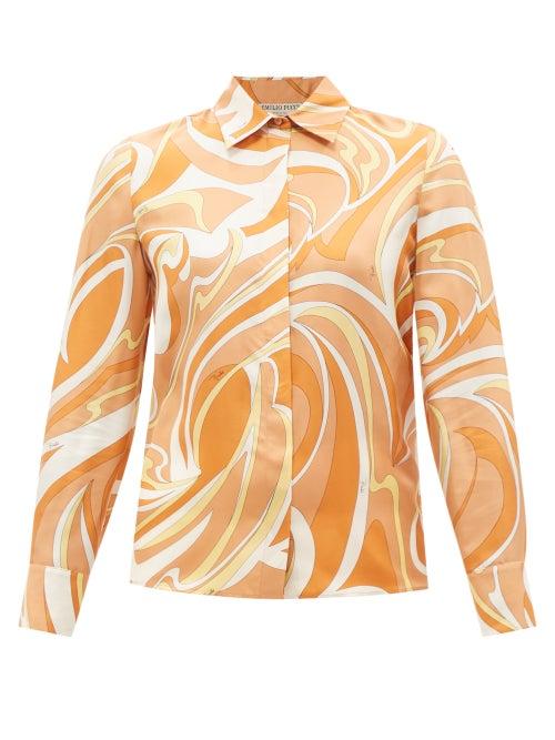 Emilio Pucci - Vortici-print Silk-twill Shirt - Womens - Orange Print
