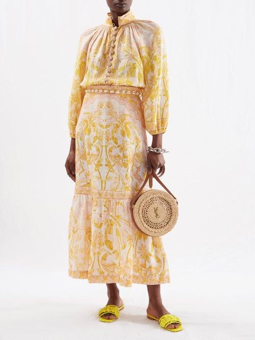Zimmermann - Lyre Botanical-print Voile Midi Skirt - Womens - Yellow Print
