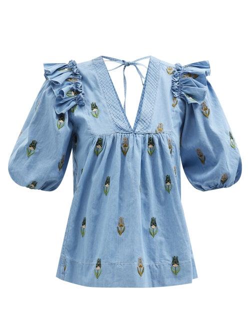 Lug Von Siga - Carolina Floral-embroidered Cotton Top - Womens - Blue Multi