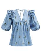 Lug Von Siga - Carolina Floral-embroidered Cotton Top - Womens - Blue Multi