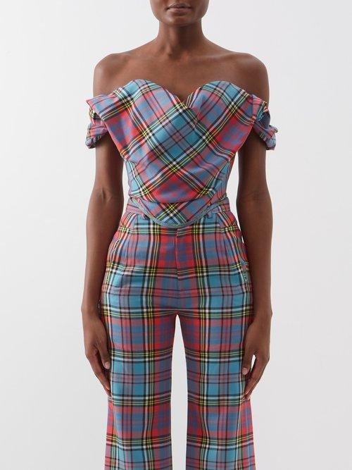 Vivienne Westwood - Sunday Off-the-shoulder Tartan Wool Corset Top - Womens - Blue Multi