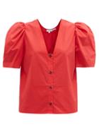 Matchesfashion.com Rhode - Nisha Puff-sleeve Cotton-poplin Blouse - Womens - Red