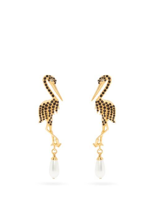 Matchesfashion.com Erdem - Crane Crystal And Faux-pearl Embellished Earrings - Womens - Gold