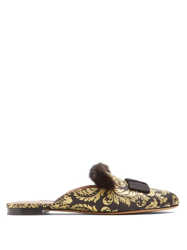 Tabitha Simmons Masha Mink-trimmed Brocade Slipper Shoes