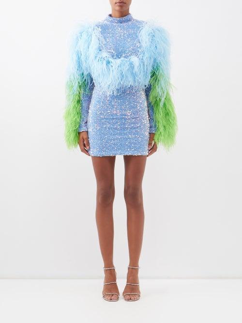 Germanier - Feather-trim Open-back Sequinned Mini Dress - Womens - Blue Green