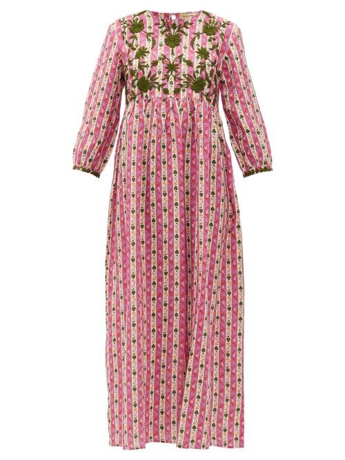 Matchesfashion.com Muzungu Sisters - Floral-embroidered Linen Dress - Womens - Pink Print