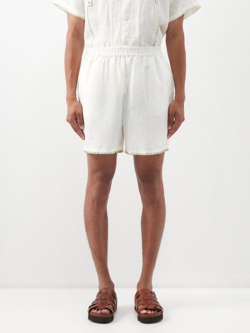 Harago - Blanket-stitched Cotton-voile Shorts - Mens - Cream Multi